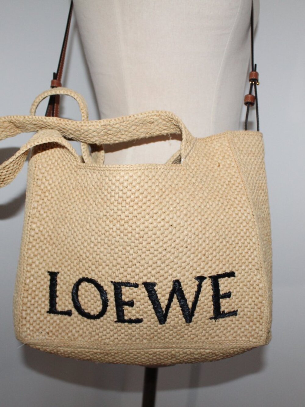 LOEWE Font Front Tote Raffia Top Handle Shoulder Bag